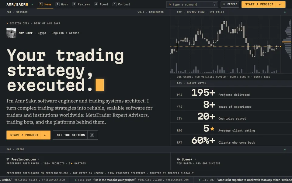 Live Terminal home page on desktop: dark graphite panels, a large monospace headline, a candlestick chart, and a list of key numbers