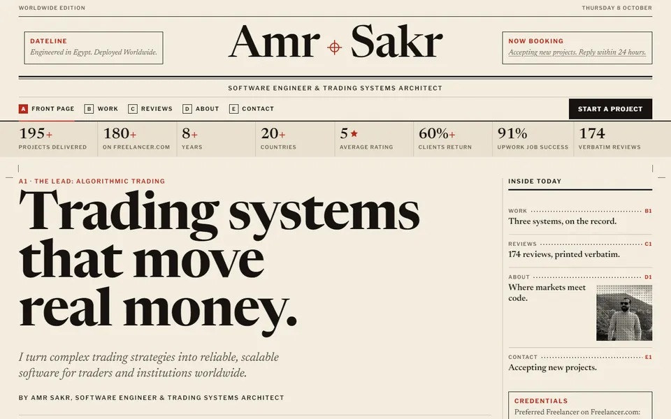 Editorial Ledger home page on desktop: a newspaper masthead, a strip of key numbers, and a large serif headline on warm paper