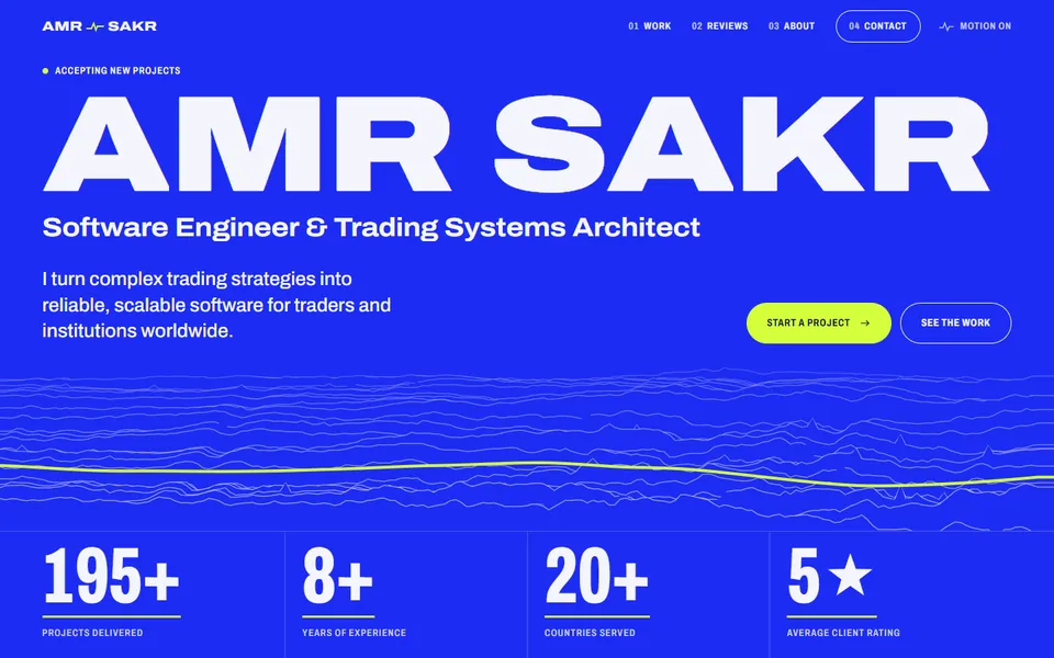 Kinetic Signal home page on desktop: a very large name in white on electric blue, with a field of price lines and one lime signal line