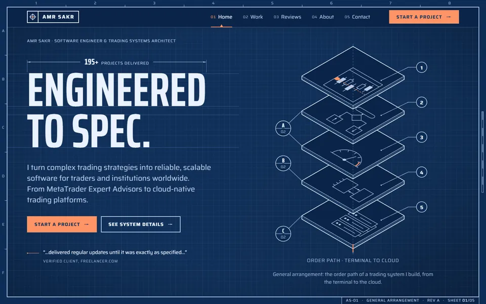 Blueprint home page on desktop: a deep blue drawing sheet with a grid, a tall condensed headline, and an exploded isometric drawing of a trading system